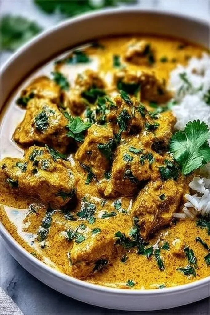 Slow Cooker Chicken Korma 2 Slow Cooker Chicken Korma served in a bowl with naan bread