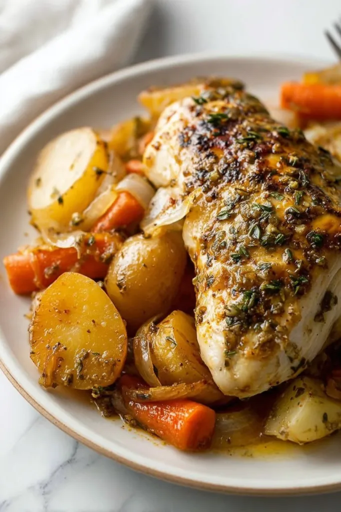Slow Cooker Herb Chicken and Vegetables 2 Slow cooker herb chicken with vegetables in a savory sauce.