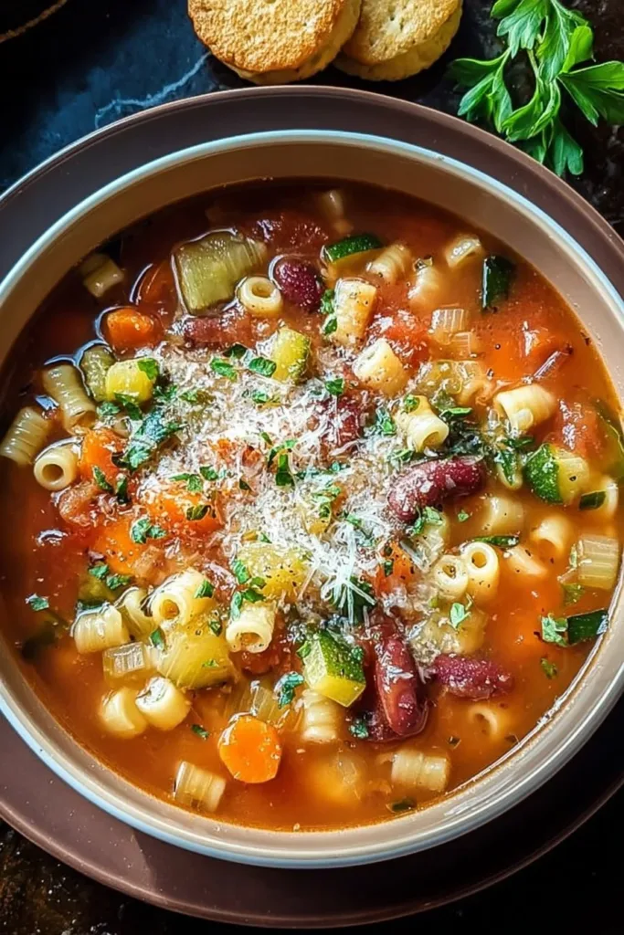 Bowl of slow cooker minestrone soup with vegetables and beans