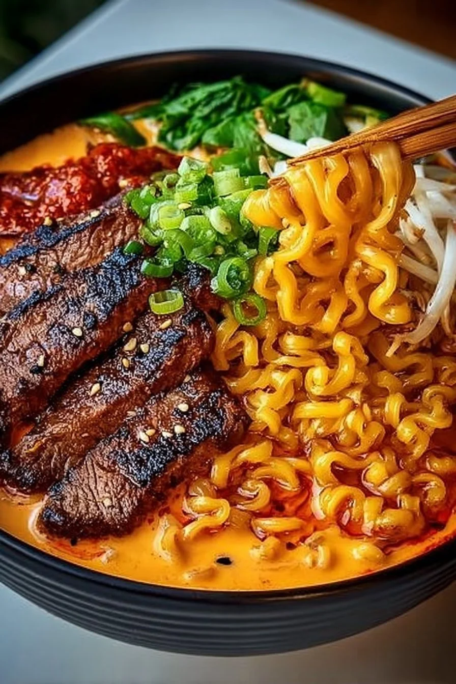Spicy Korean Ramen with Grilled Beef & Creamy Sauce