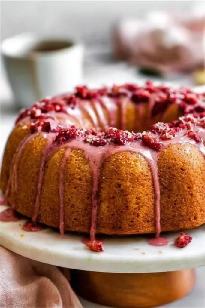 Homemade Strawberry Bundt Cake with fresh strawberries and creamy frosting