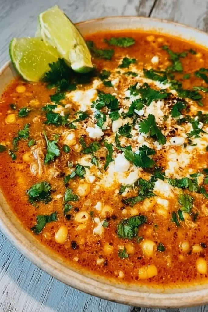 Bowl of Street Corn Chicken Chili topped with fresh herbs and corn