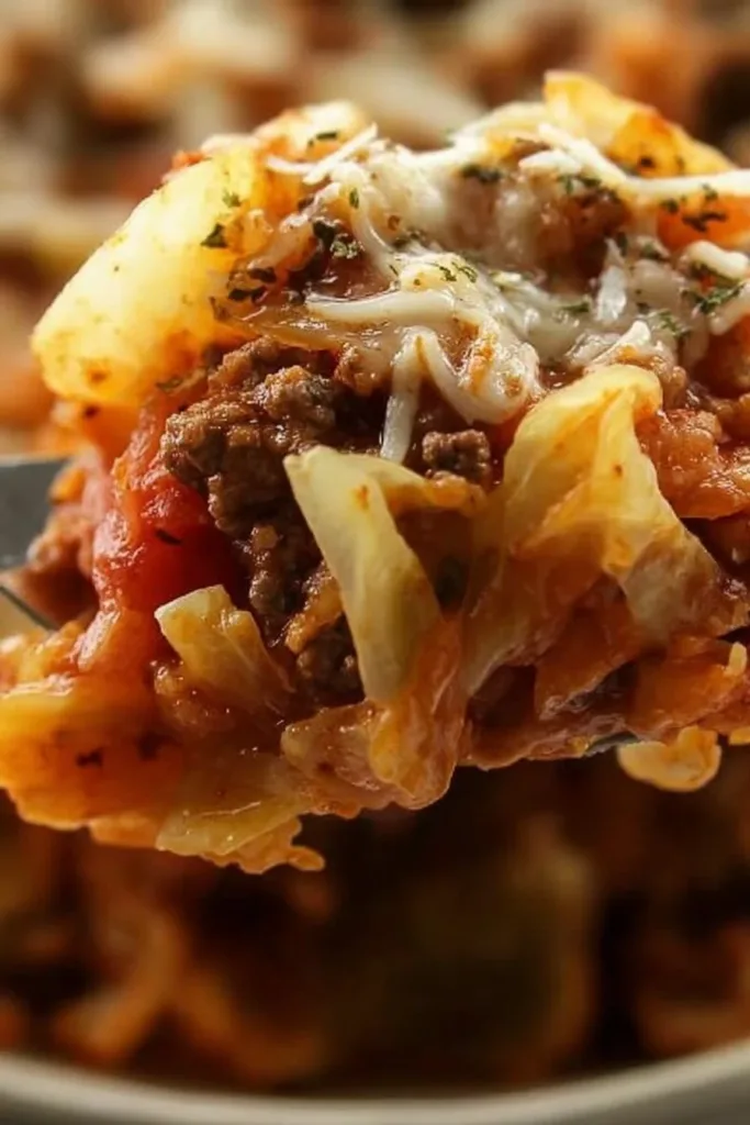 Delicious stuffed cabbage roll casserole served in a baking dish