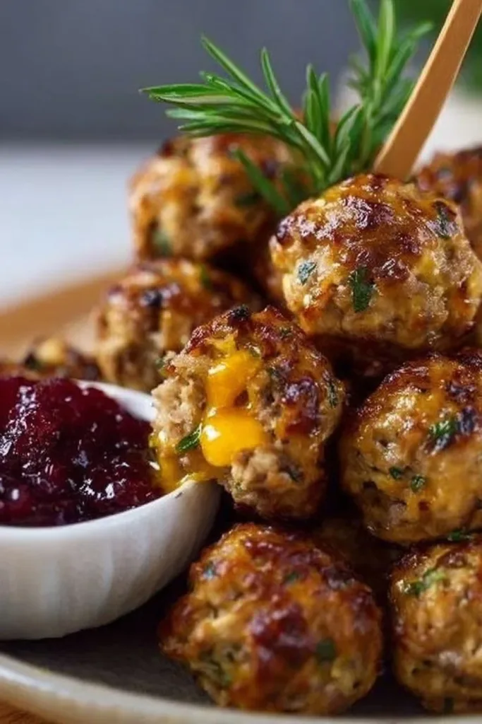 Stuffing Sausage Balls 3 Plate of homemade stuffing sausage balls ready to serve.