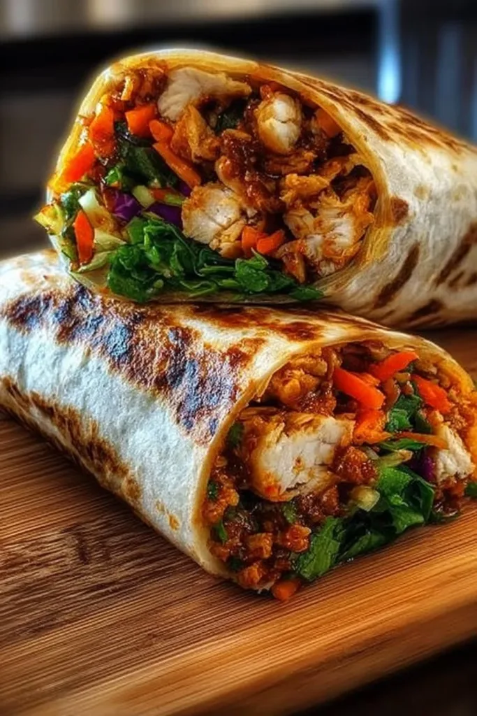Sweet Chili Chicken Wraps: Easy 20-Minute Lunch or Dinner 3 Sweet chili chicken wraps served on a plate with fresh vegetables
