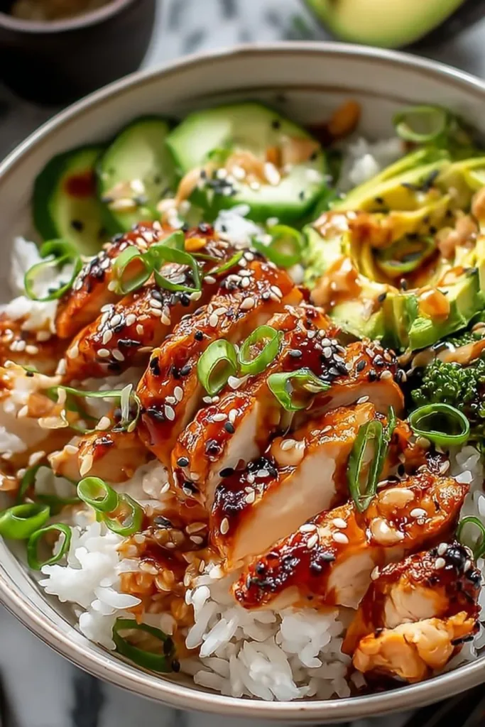 Sweet & Spicy Honey Ginger Chicken Bowls with Creamy Sauce served in a bowl
