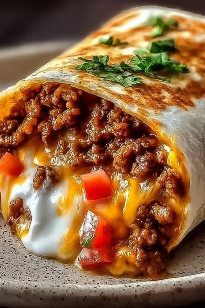 Taco Bell Beefy Melt Burrito with beef and melted cheese in a soft tortilla