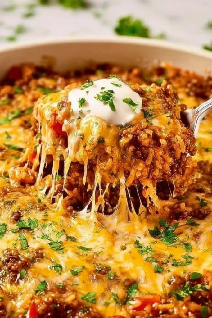 Delicious Taco Rice Casserole topped with cheese and garnished with cilantro