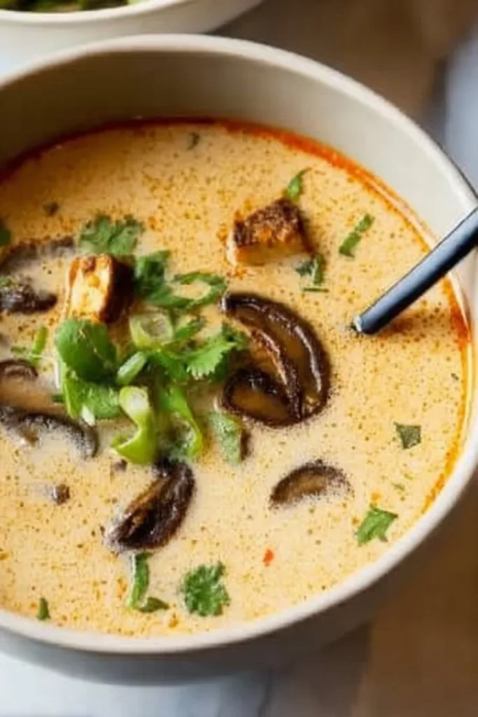 Vegan Thai Coconut Soup bowl garnished with herbs and lime slices