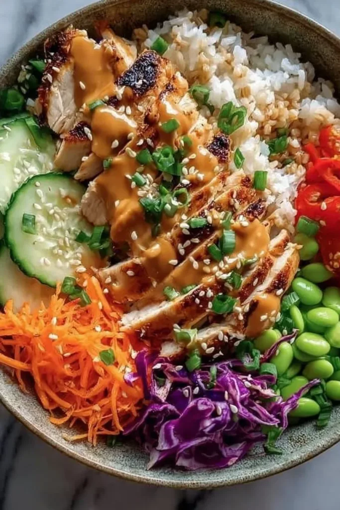 Thai Peanut Chicken Buddha Bowl 3 Delicious Thai Peanut Chicken Buddha Bowl with fresh vegetables and peanut sauce.