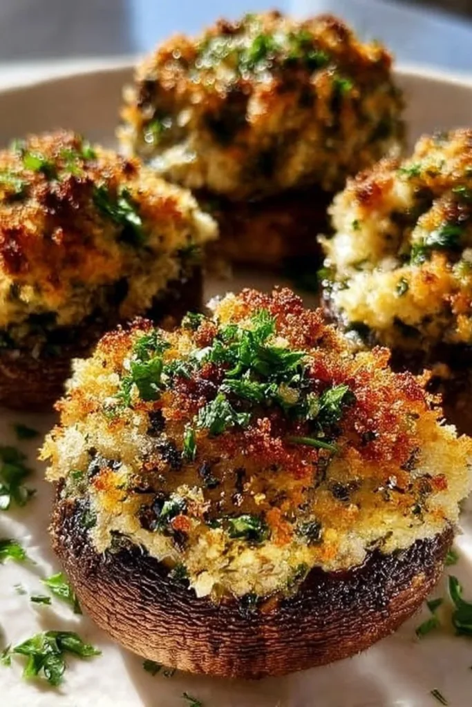 Delicious Thanksgiving stuffed mushrooms topped with herbs and cheese.