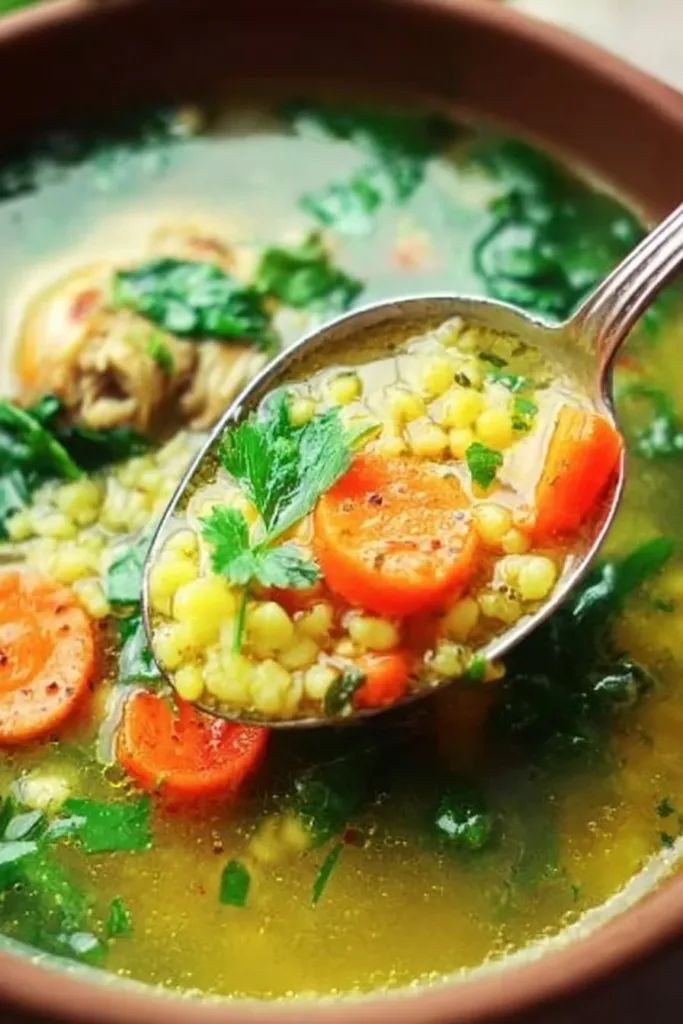 Bowl of the best chicken soup with fresh herbs and vegetables