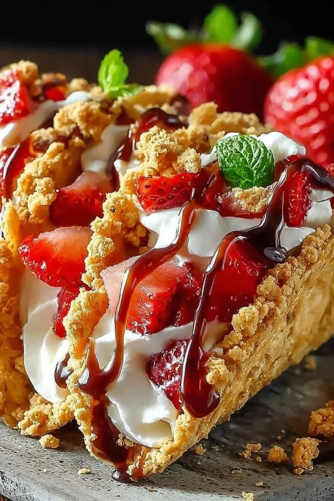 Strawberry crunch cheesecake tacos with golden Oreo crumble topping