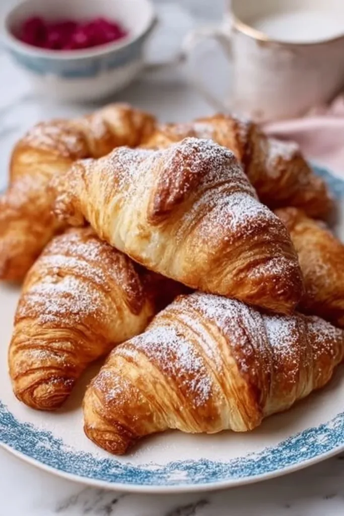 Freshly baked homemade croissants on a wooden table