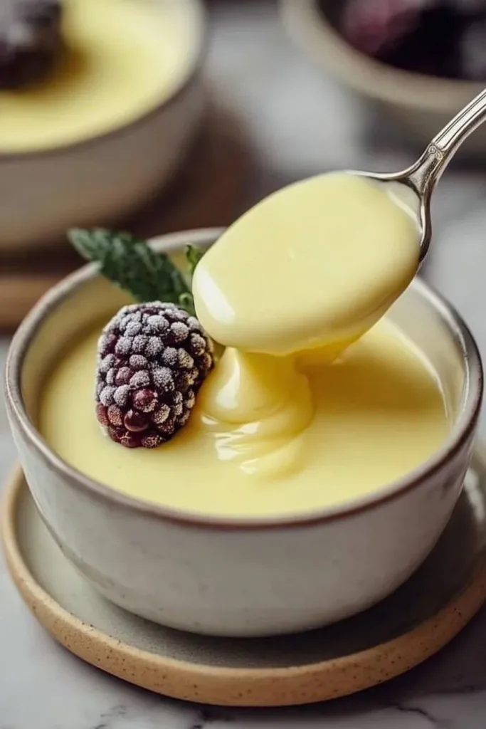 Vanilla Custard 2 A creamy bowl of homemade vanilla custard topped with fresh fruit.