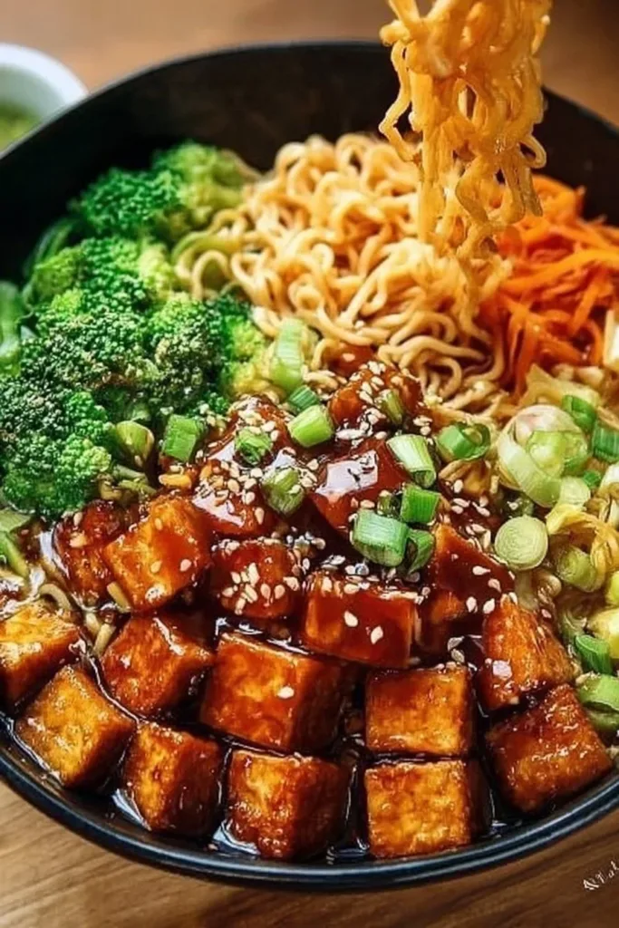 Vegan Teriyaki Noodle Bowl with fresh vegetables and teriyaki sauce