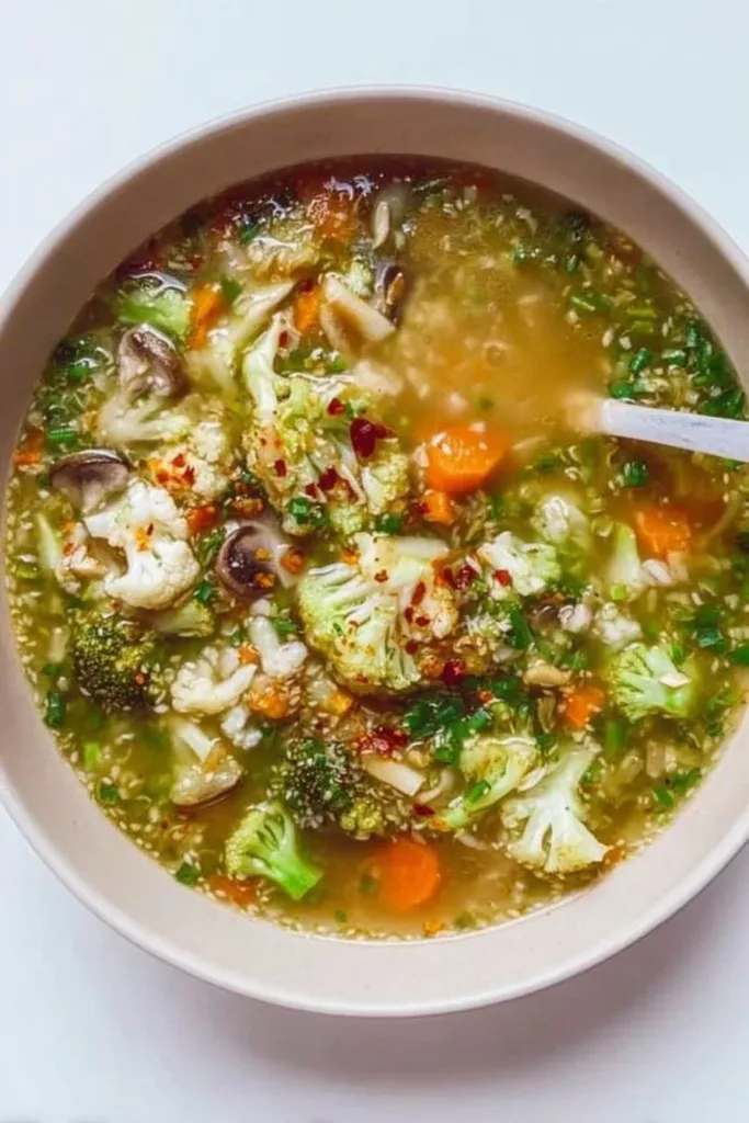 Bowl of nourishing Vegetable Detox Soup loaded with fresh vegetables and herbs.