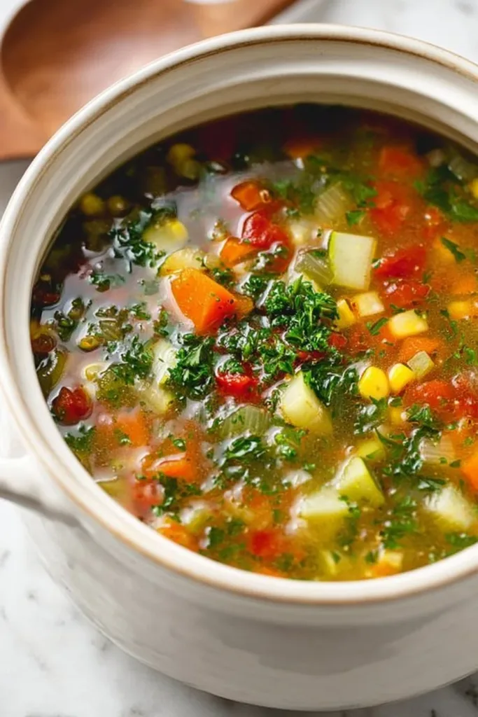 Colorful bowl of homemade vegetable soup with fresh ingredients.