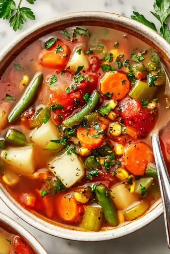 Bowl of vibrant vegetable soup with fresh ingredients