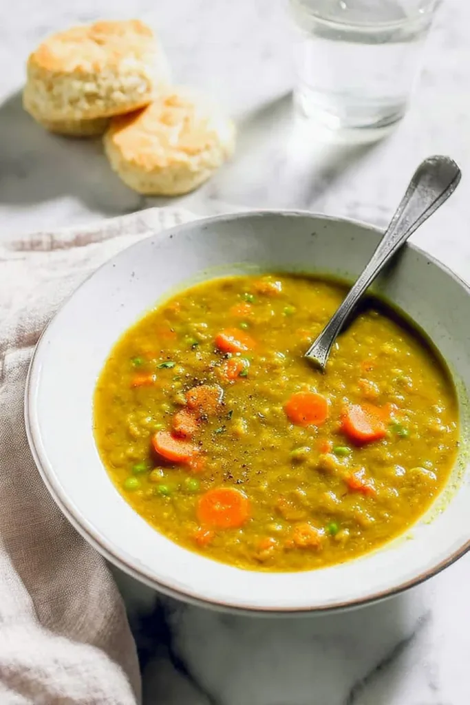 Bowl of delicious vegetarian split pea soup with herbs and spices