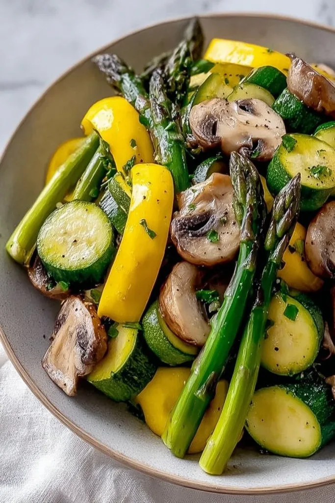 Vibrant asparagus, zucchini, and squash medley dish on a white plate