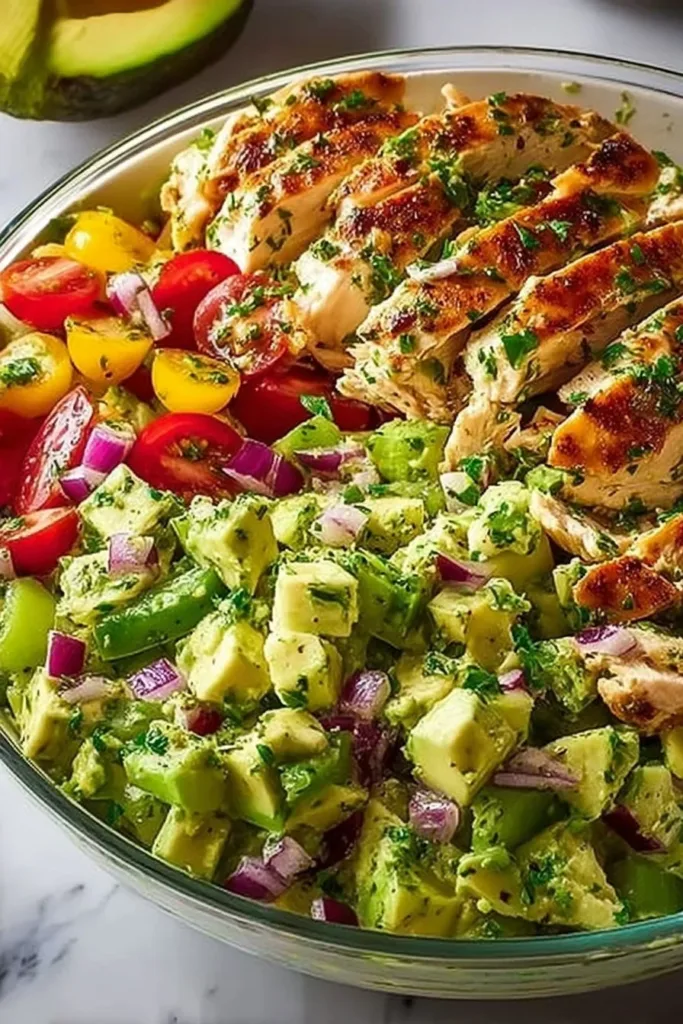 Vibrant healthy avocado chicken salad with colorful ingredients