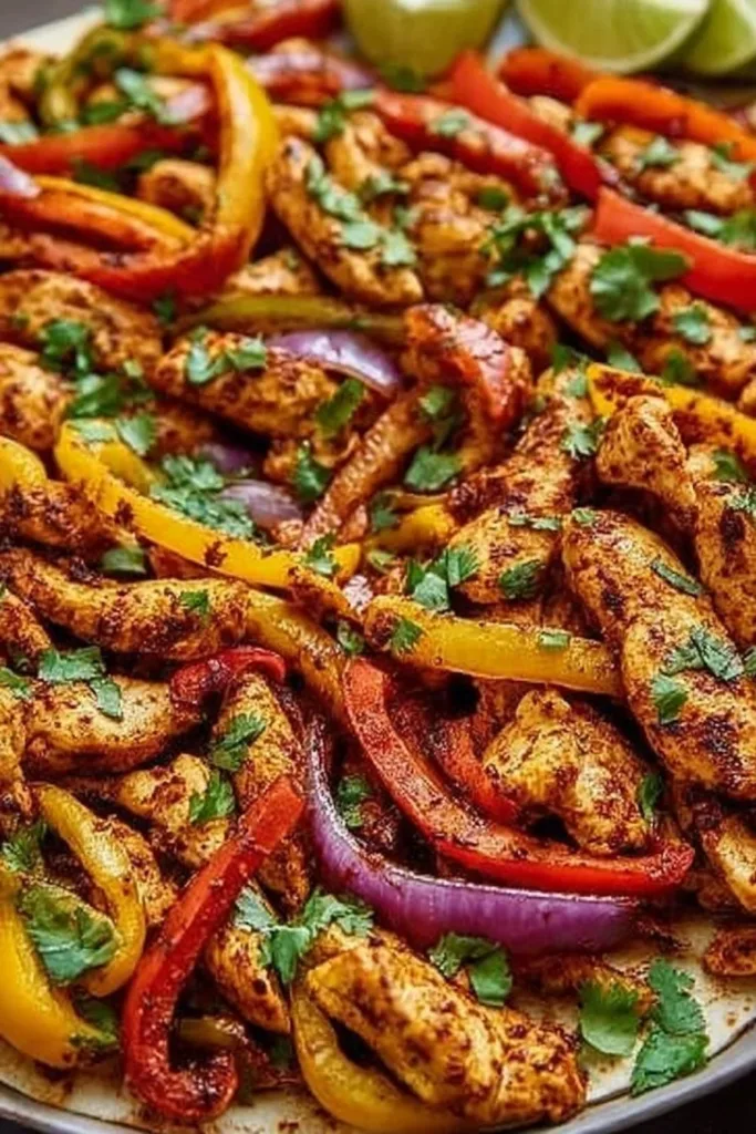 Vibrant sheet pan chicken fajitas with colorful peppers and onions