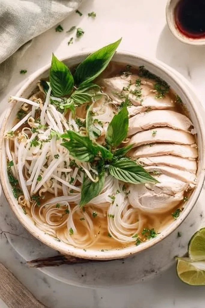 Bowl of Vietnamese Chicken Pho with herbs and noodles