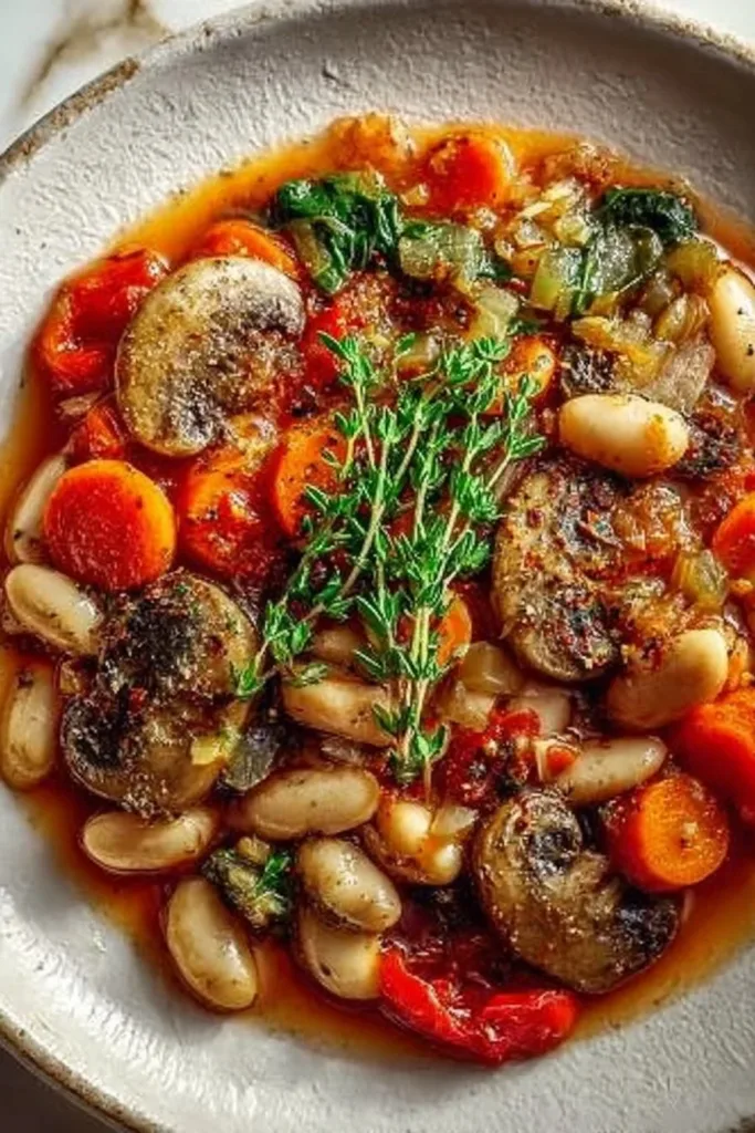 A bowl of vegan white bean mushroom stew garnished with herbs.