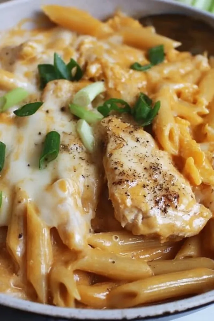 Delicious winter buffalo casserole topped with cheese and green onions