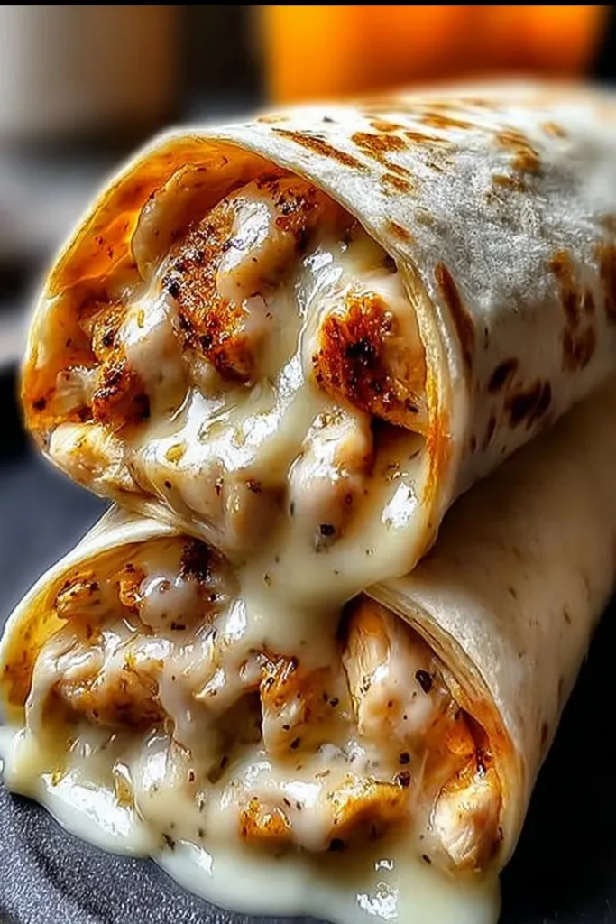 Amazing Cheesy Garlic Chicken Wraps 2 Delicious cheesy garlic chicken wraps garnished with herbs on a plate