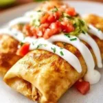 Delicious homemade chicken chimichangas garnished with salsa and guacamole