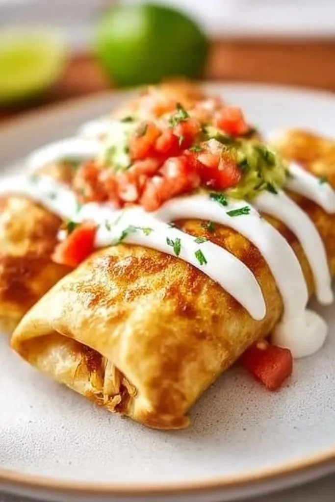 Amazing Chicken Chimichangas to Savor Together 2 Delicious homemade chicken chimichangas garnished with salsa and guacamole