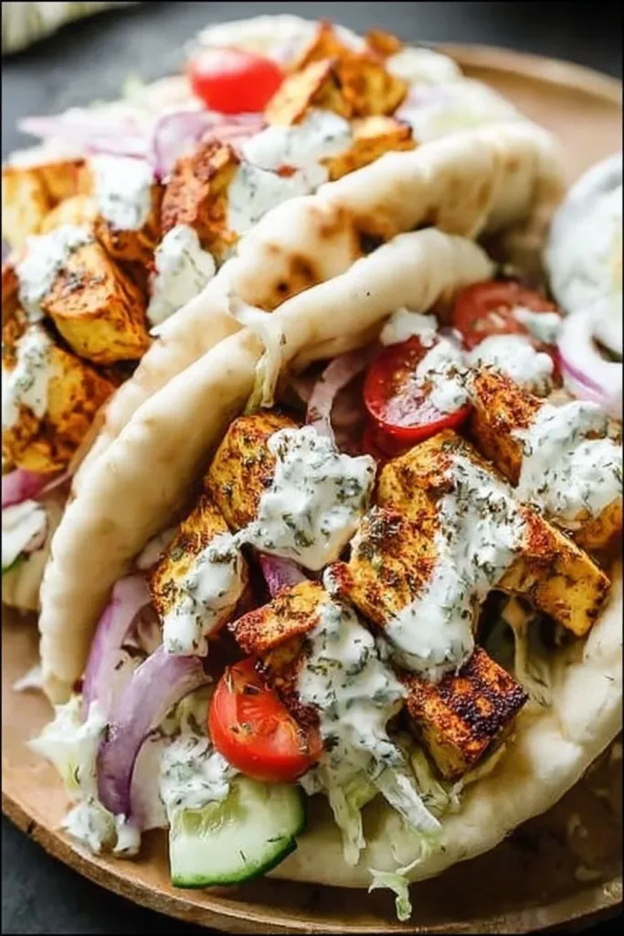 Delicious Chicken Gyros wrapped in pita with fresh vegetables and tzatziki sauce