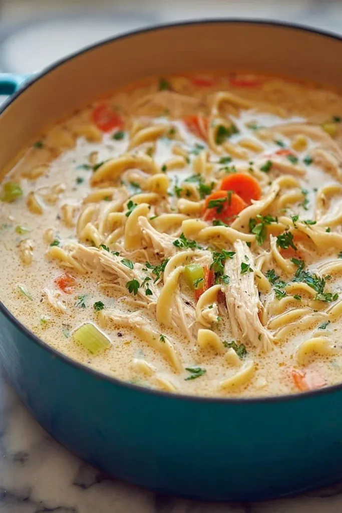 Bowl of creamy chicken noodle soup with vegetables and herbs