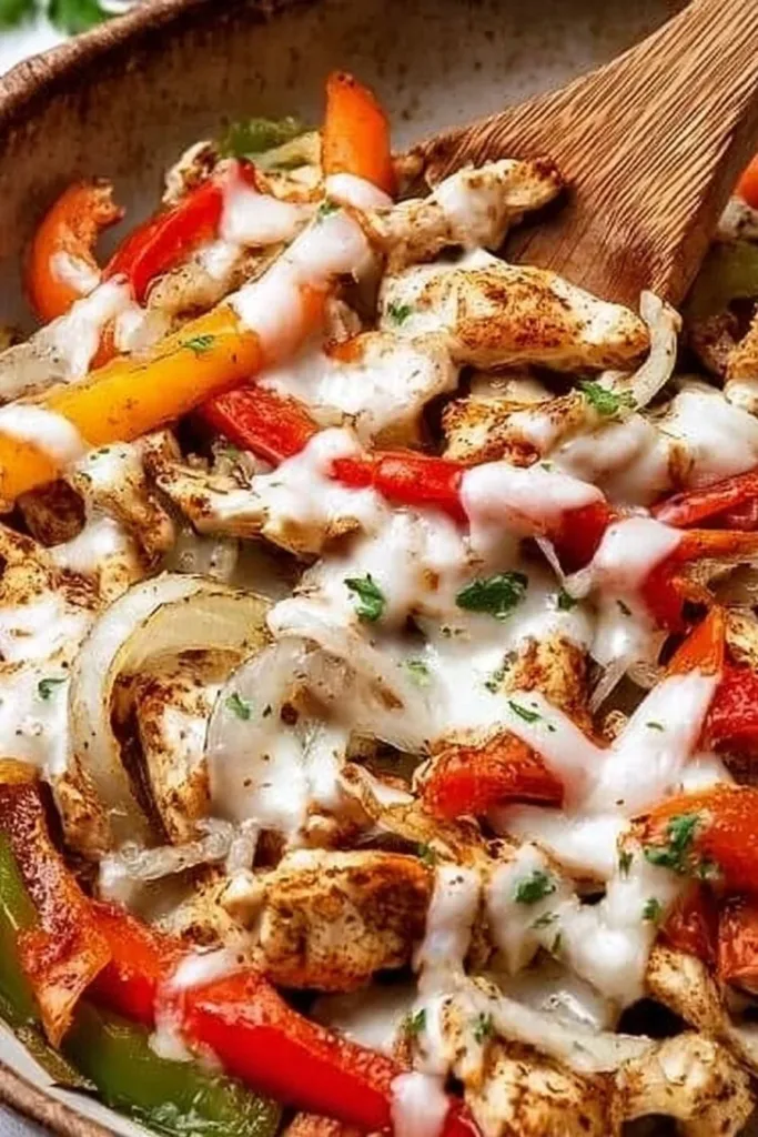 Cozy chicken cheesesteak skillet ready to serve, topped with melted cheese and peppers.