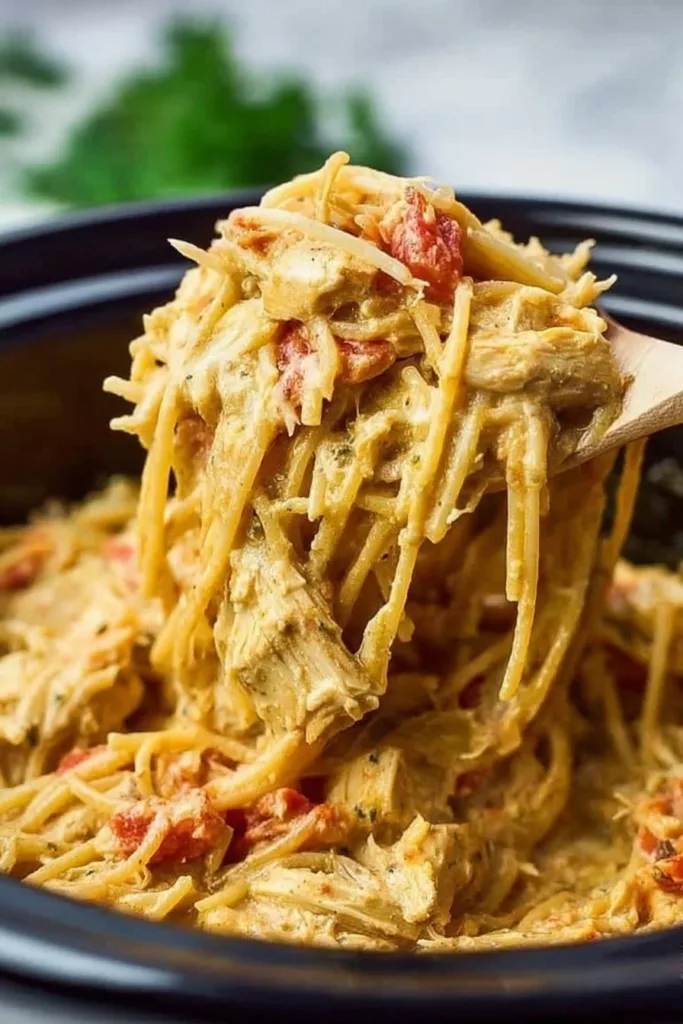 Delicious, easy chicken spaghetti dish served in a cozy bowl