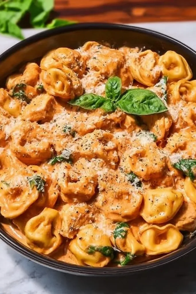 Delicious CrockPot Chicken Tortellini served in a cozy bowl