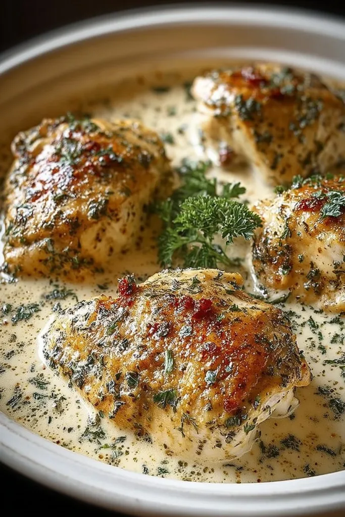 Cozy crockpot garlic parmesan chicken with herbs and spices in a bowl.