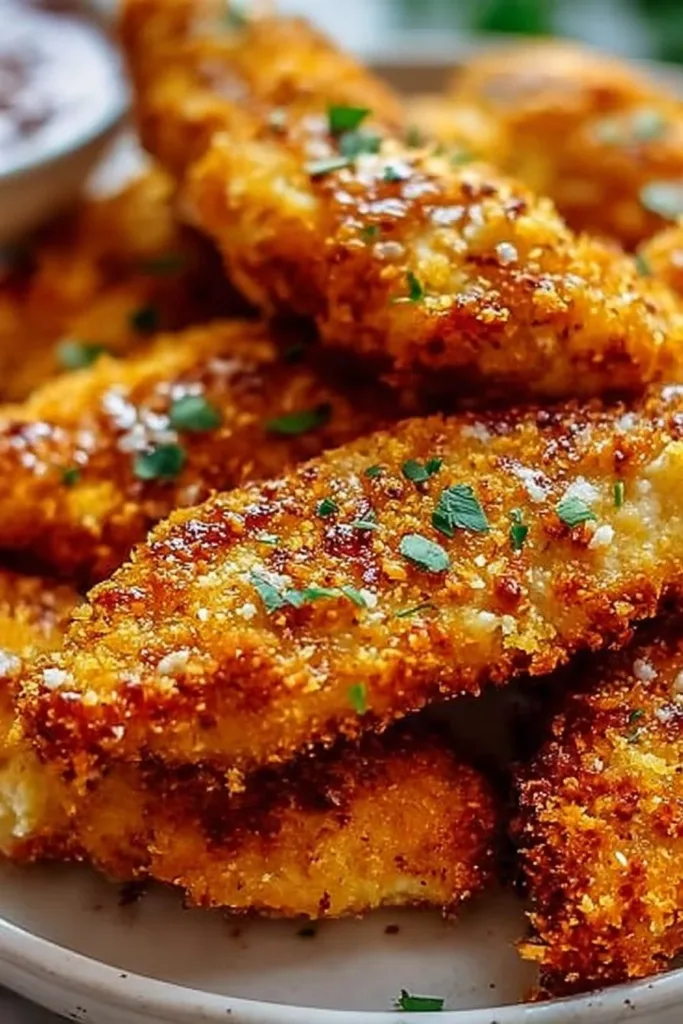 Delicious homemade baked chicken tenders served with dipping sauce