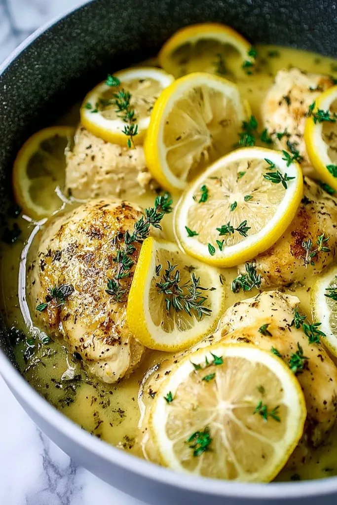 Delicious creamy lemon butter chicken served with herbs