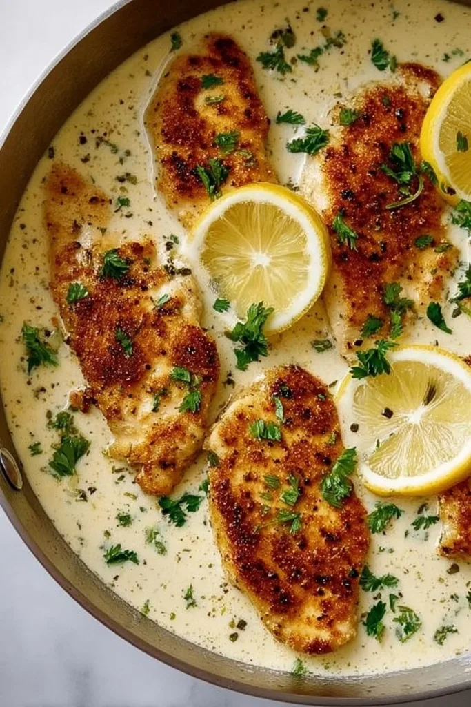 Deliciously creamy Parmesan Lemon Chicken garnished with herbs