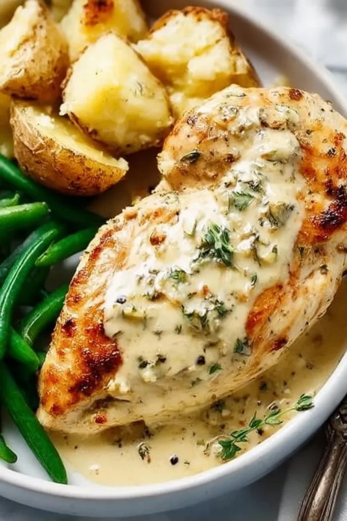 Delicious creamy ranch chicken served with fresh herbs and vegetables