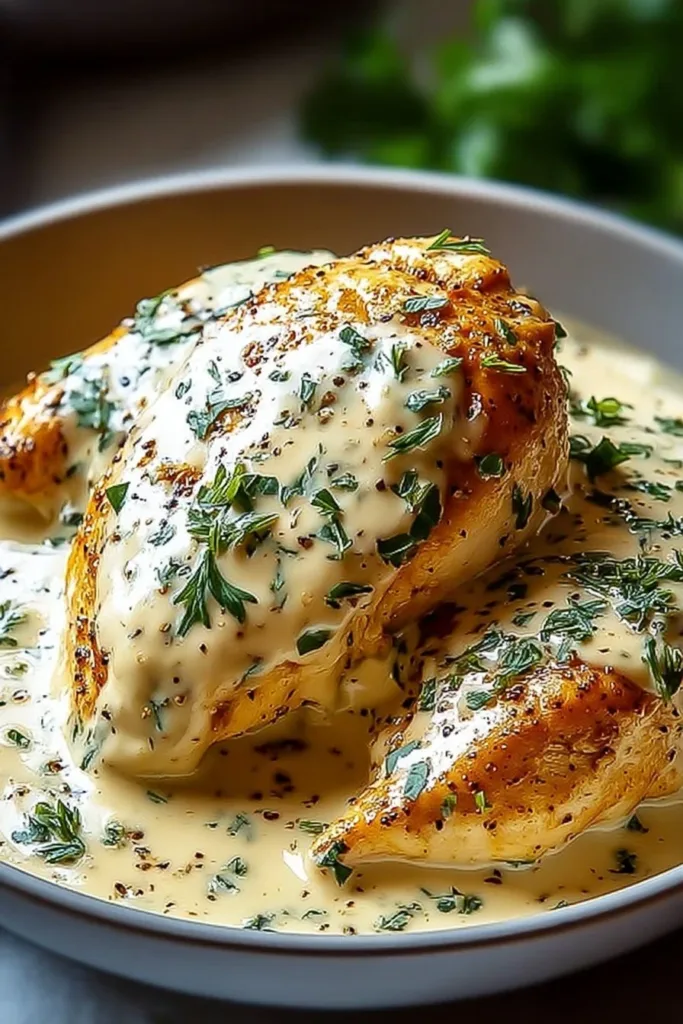 Creamy ranch chicken cooked in a crockpot, garnished with herbs.