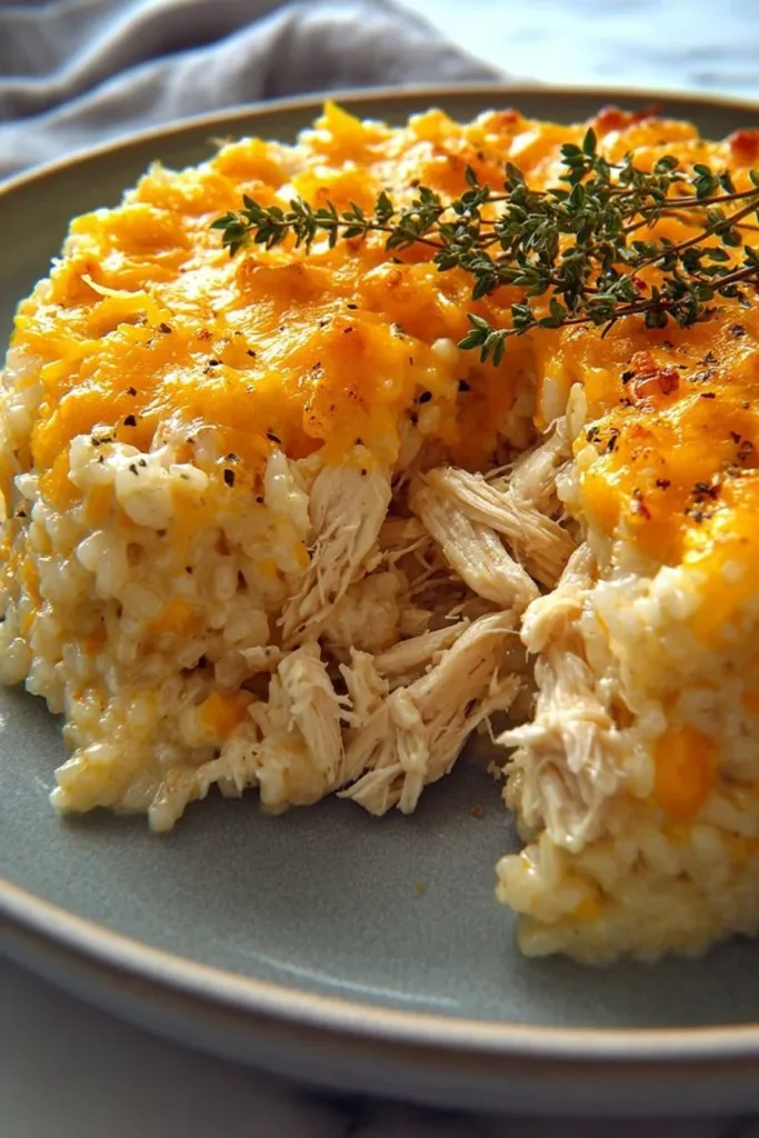 Creamy rice and chicken casserole in a baking dish with fresh herbs