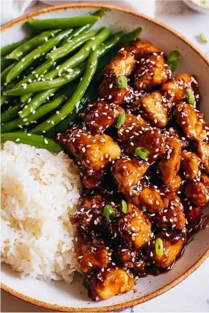 Healthy sesame chicken dish with garnishes on a plate
