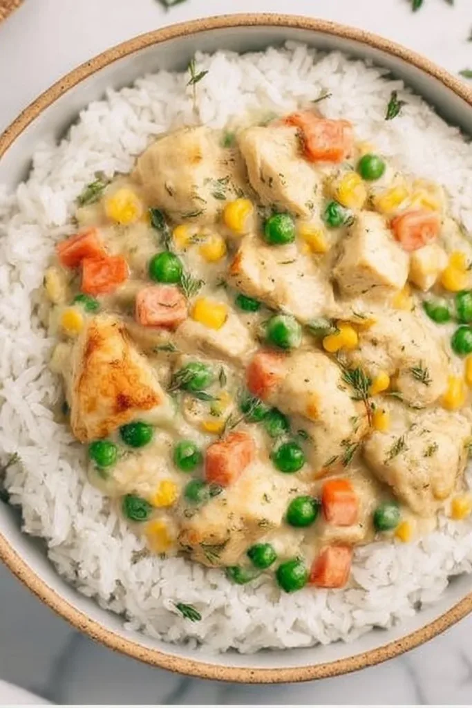 High protein crustless chicken pot pie served in a bowl, ideal for comfort lovers