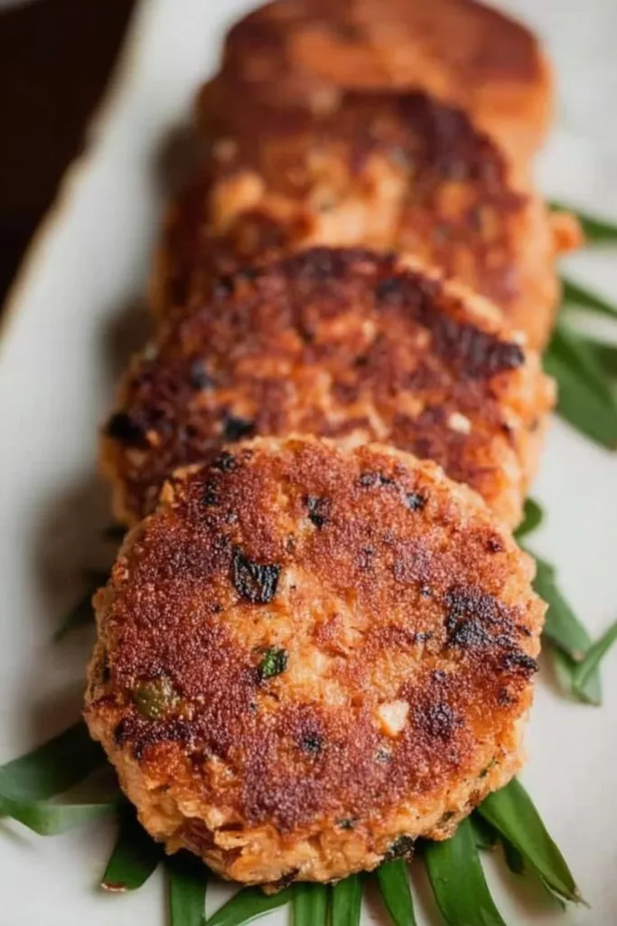 Plate of amazing salmon patties served with fresh herbs and lemon.