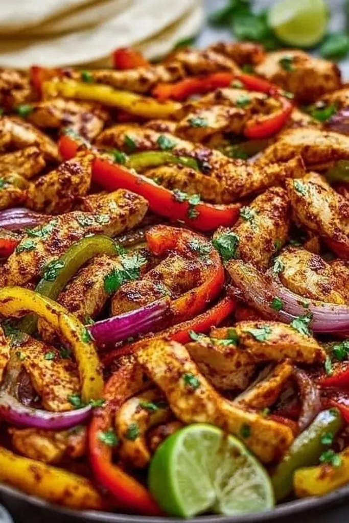 Sheet pan chicken fajitas with colorful peppers and onions