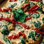 Creamy Tuscan Chicken made in a slow cooker, featuring chicken, spinach, and sun-dried tomatoes.